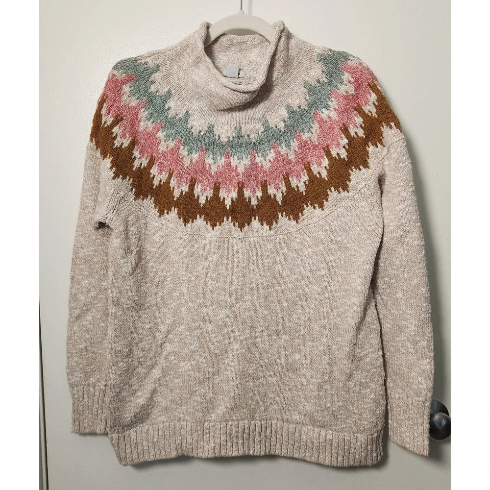 L.L. Bean Women's Cotton Ragg Sweater Large Funnel Roll Neck Fair Isle Beige‎